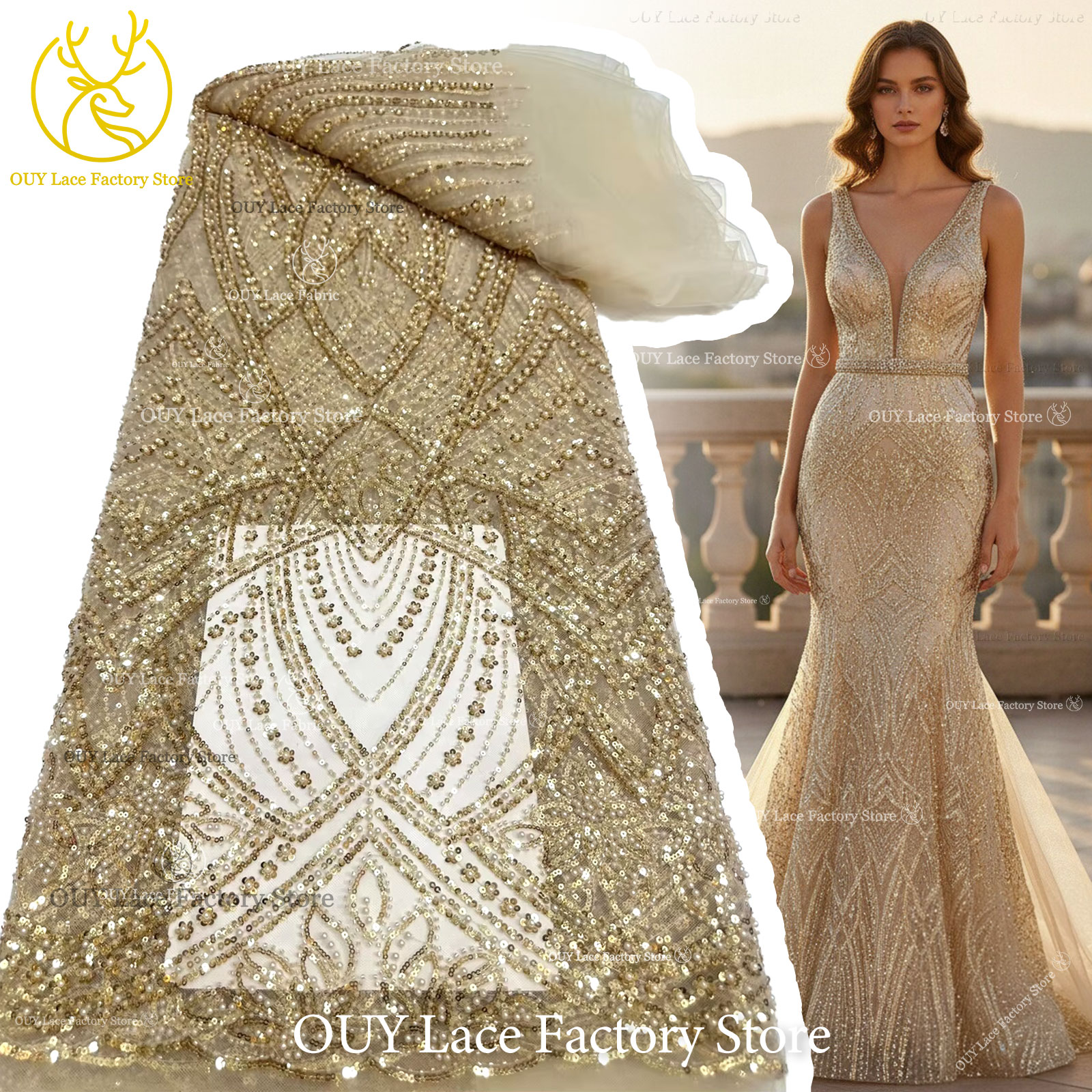 Wedding Dress Supply - African Gold Beaded Lace Fabric 2026