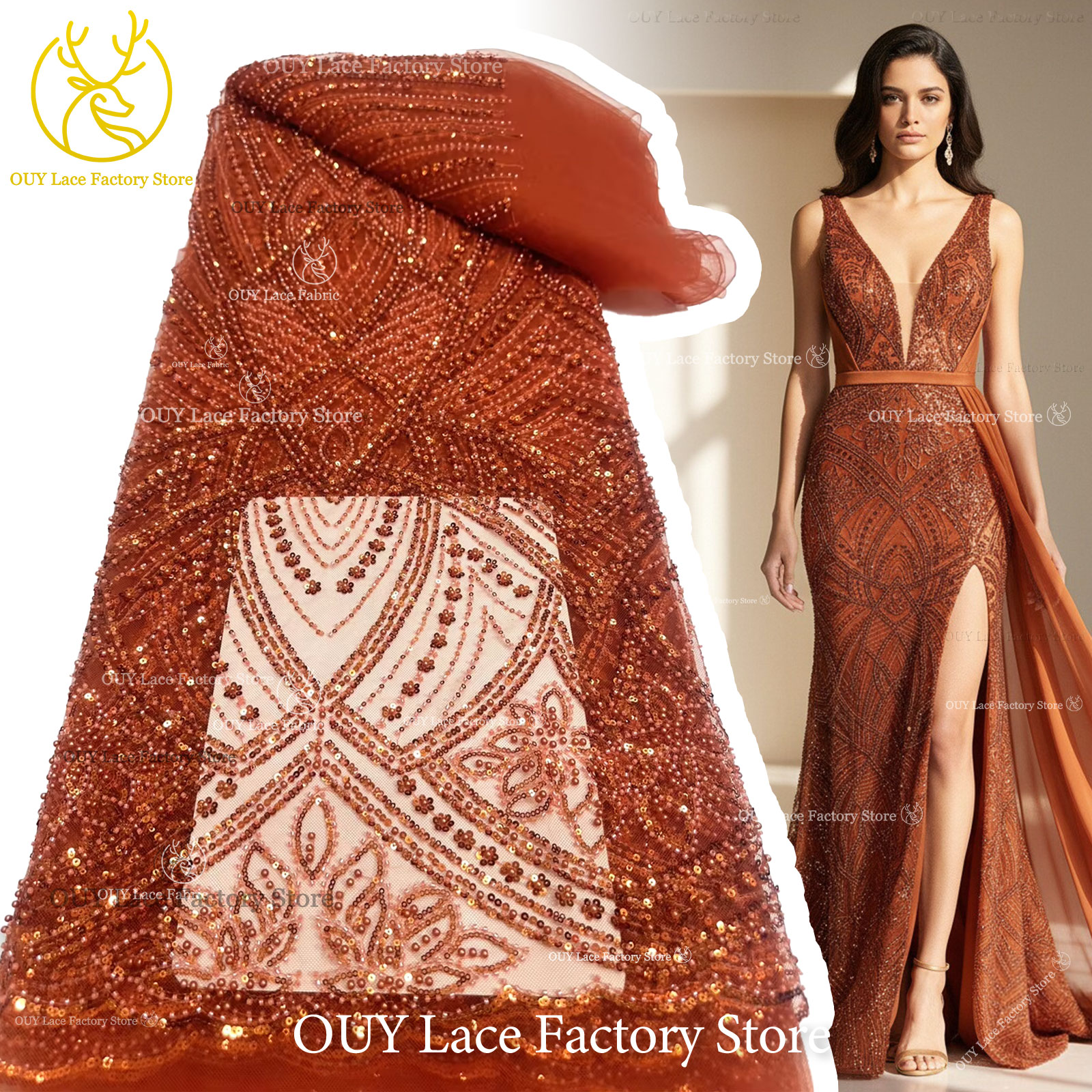African Gold Beaded Lace Fabri - Wedding Dress Supply avis et prix